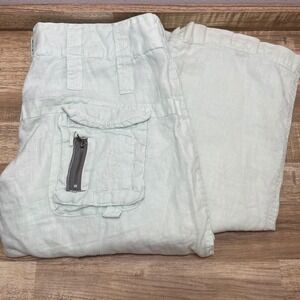 Johnny Was Pete & Greta Mint Green 100% Linen Wide Leg Cargo Pants 8 Utility Y2K